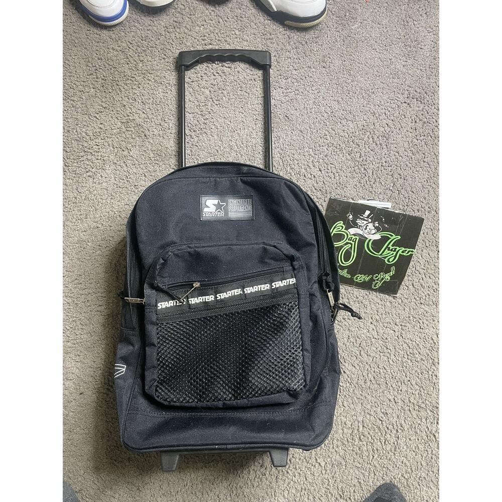 Vtg STARTER 90s Style Wheeled Rolling Backpack Travel Bag Black Carry On